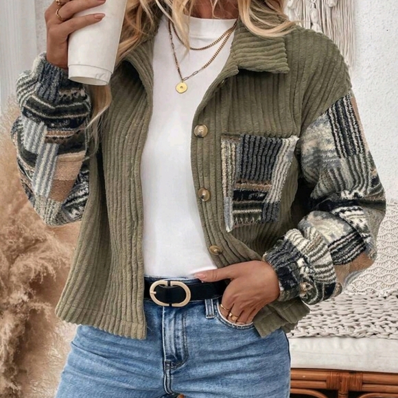Women's Solid Color Patchwork Button-Up Long Sleeve Jacket - Picture 1 of 5